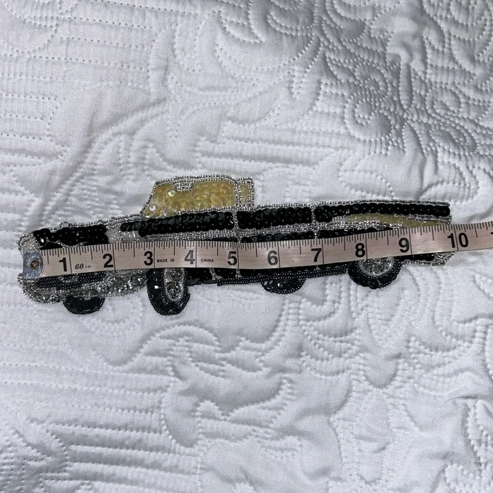 Vintage sequins black Chevy appliqué patch with beads New